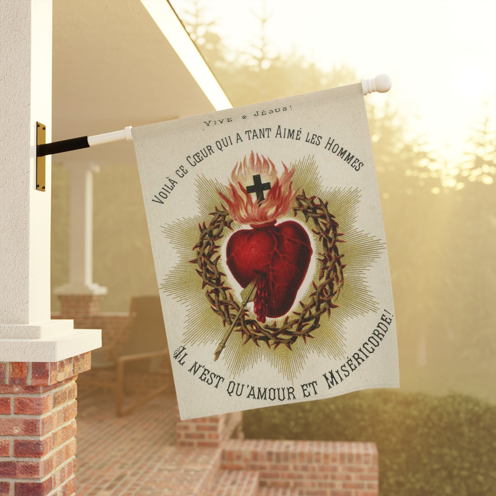 Banner, Antique French Sacred Heart of Jesus Garden and House Flag