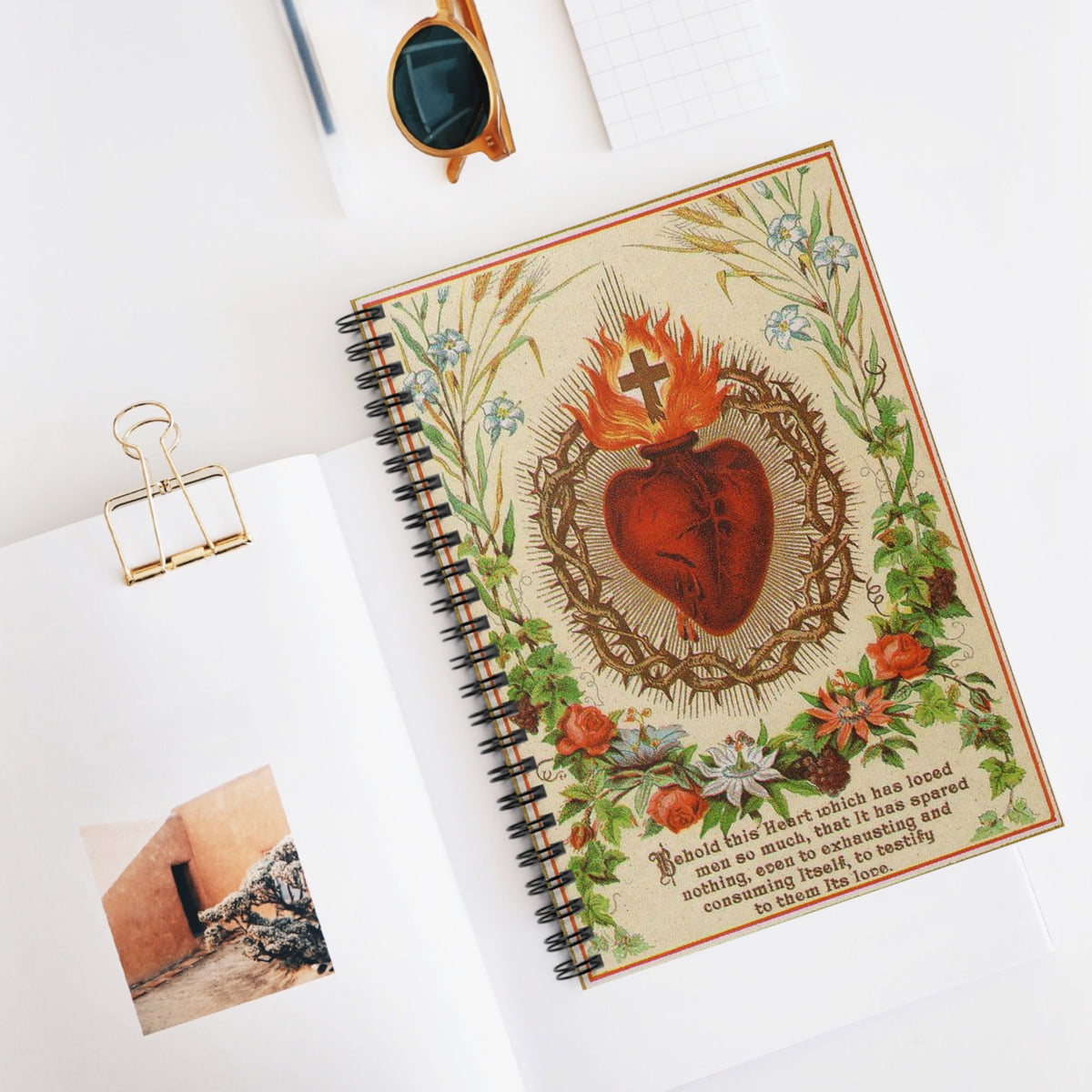 Vintage Sacred Heart of Jesus Prayer Card Spiral Notebook - Ruled Line, Journal, Spiritual Notebook, Catholic Gift, Christian Notebook,